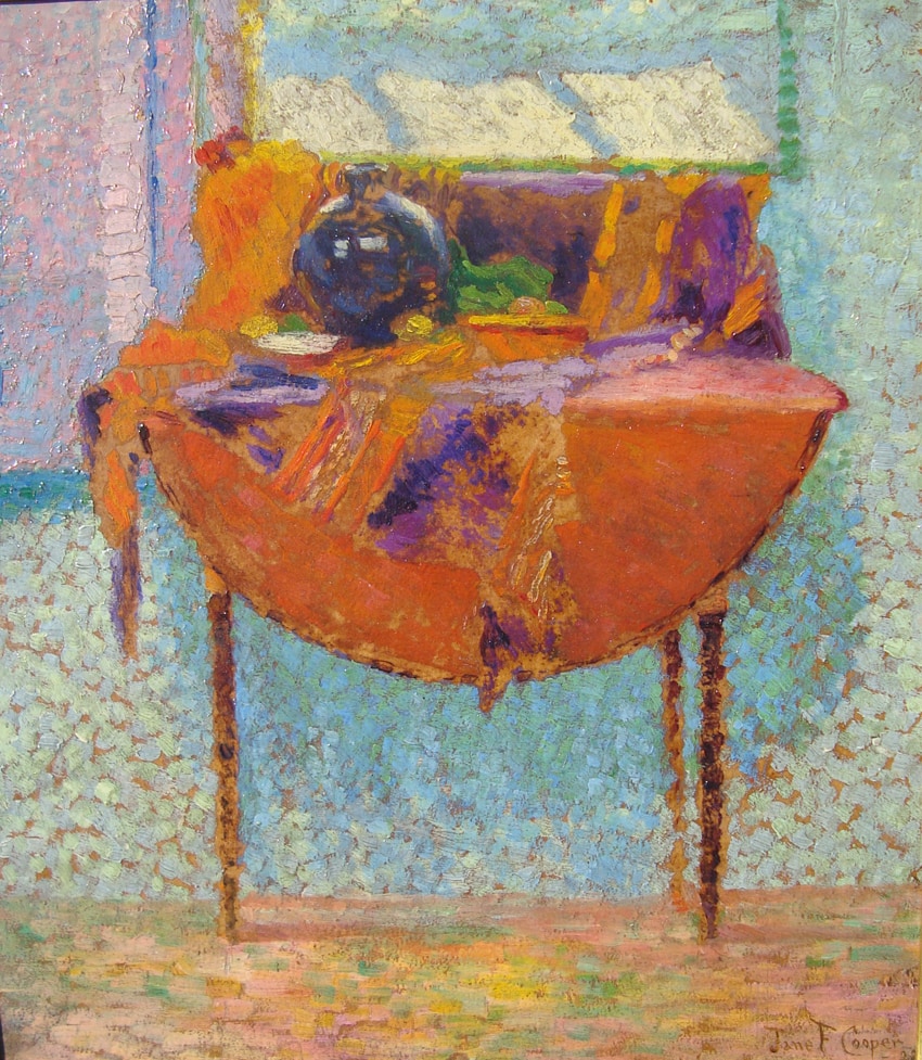 Jane Cooper's "Still Life" - depicting cloth draped across a small table, wish a purple vase.
