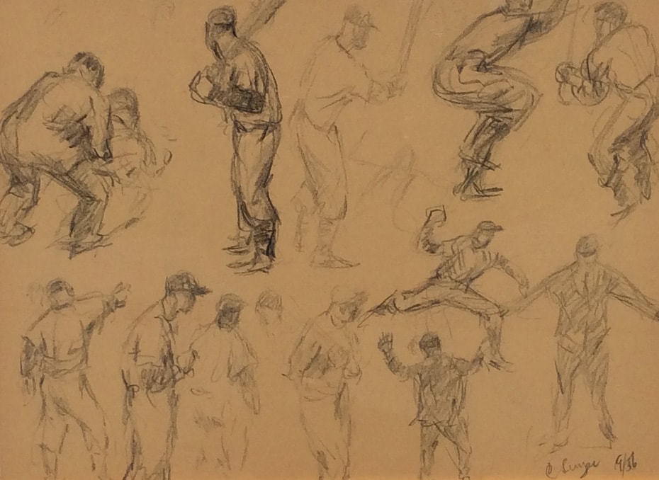 Clyde Singer's “Baseball”. A series of pencil sketches of baseball players - at bat, catching, throwing.