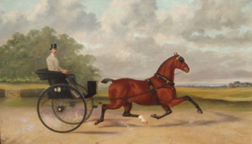 William van Zandt's “Sulky and Rider”. A realistic and detailed painting of a man in a light brown suit and top hat being drawn in a carriage along a dusty path.