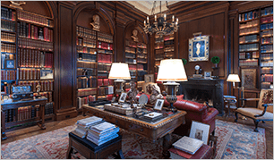 Image of a world class library featuring fine bindings carefully chosen for a discerning collector.