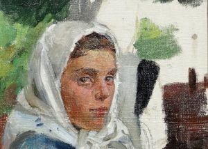Babkov's Little Farm Girl. Russian woman in shawl, depicted outdoors.