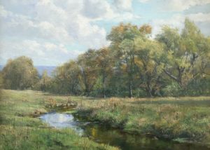 Olive Parker Black's Summer Afternoon. A river winds through a tranquil meadow. Trees grow thickly on the horizon with a cloudy blue sky behind them.