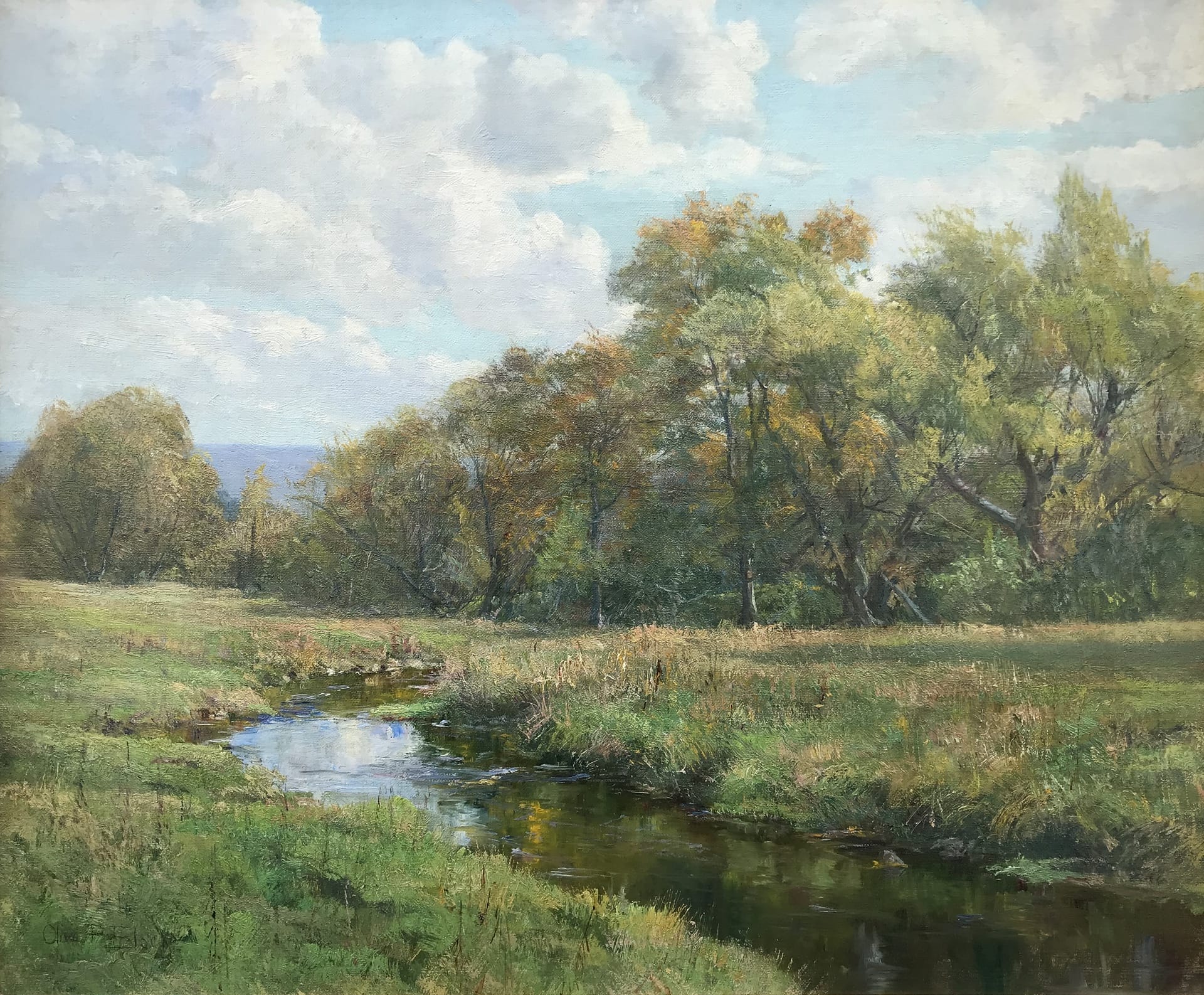 Olive Parker Black's Summer Afternoon. A river winds through a tranquil meadow. Trees grow thickly on the horizon with a cloudy blue sky behind them.