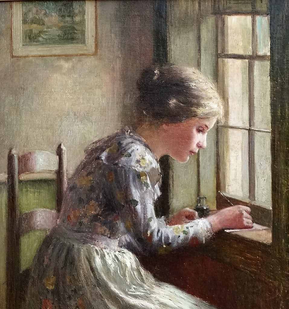 Frederick Boston's Writing by the Window. Young woman writing a letter on her window sill. Sunlight streams in.