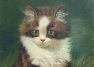 Sid Brackett's Tuxedo Kitten. Large, green eyed tuxedo kitten painted against a deep green background. Adorable kitten, fit for any home.