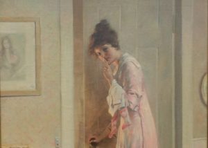 Harold Brett. Woman outside her child's door, making a gesture to indicate the child is asleep and the viewer should be quiet. Soft, gentle, loving look on her face. The woman is in a soft pink dress.