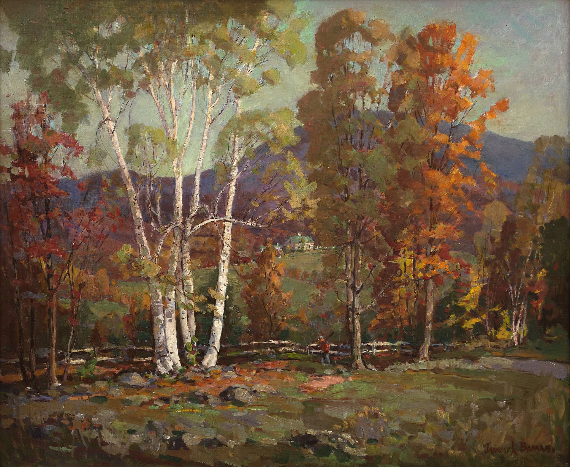 James King Bonnar's “Indian Summer” - a hunter with his rifle walks along an autumn colored landscape