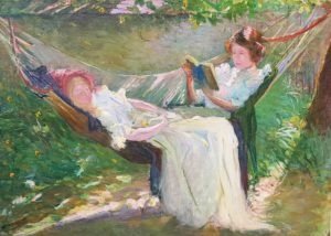 Joseph Kite. In the Hammock. Two young women share a hammock on a sunny day. One sleeps, the other reads.