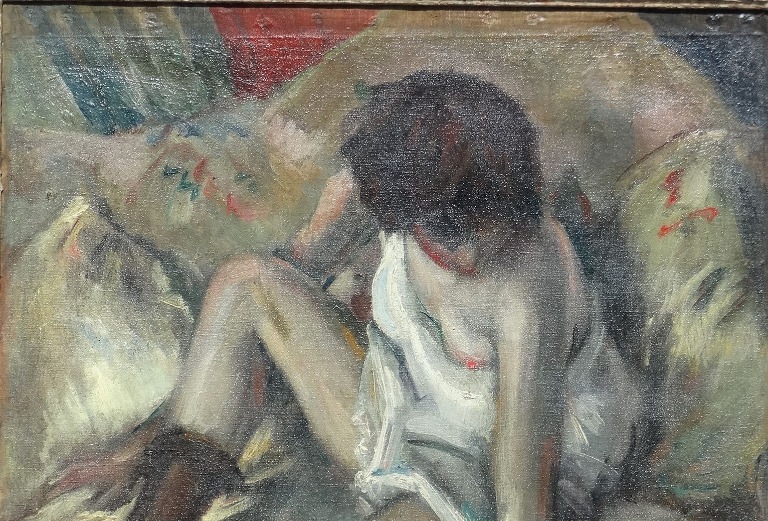 Ullman's Nude Woman. A woman with short messy hair in a state of partial undress. Less than comfortable, in brushwork.