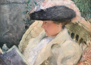 Adolphe Borie's painting of a woman in a feathered hat. She is reading a book outdoors in a garden