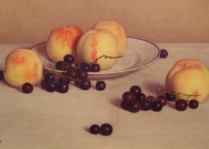 American School Still Life of Peaches and Grapes, siting in a white dish with purple trim.