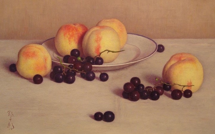 American School Still Life of Peaches and Grapes, siting in a white dish with purple trim.