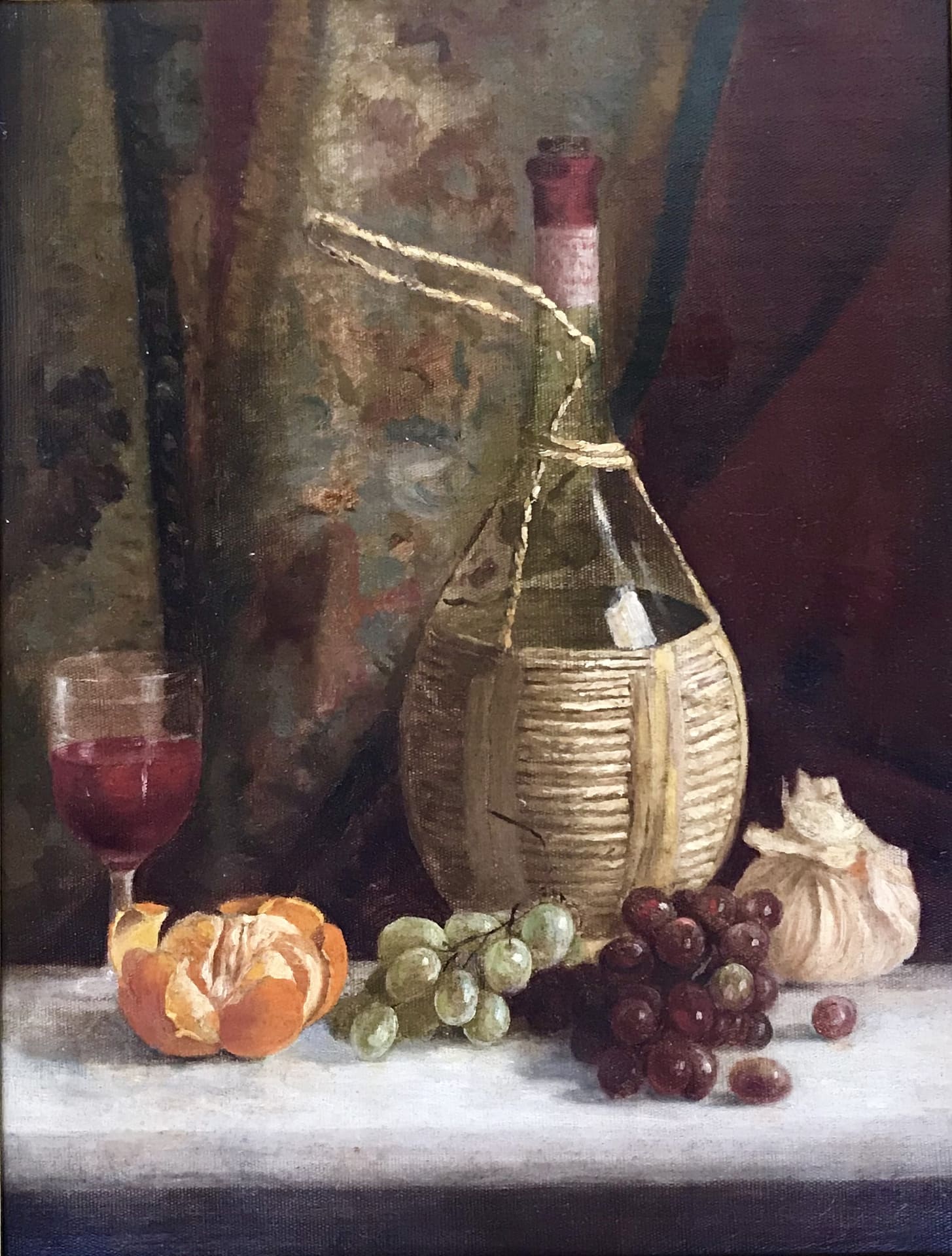 Cornelius Hankins' Still Life of Grapes, oranges, and a wine bottle