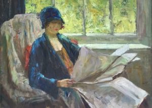 Edward Lintott's Leisurely Afternoon. A woman in a 1920s era hat and blue coat reads a newspaper in a white armchair. Light enters through a window, through which greenery can be seen.
