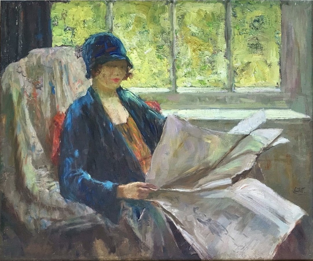 Edward Lintott's Leisurely Afternoon. A woman in a 1920s era hat and blue coat reads a newspaper in a white armchair. Light enters through a window, through which greenery can be seen.