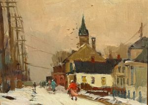 Antonio Cirino. New England Street in Winter. A small chapel in front of a snowy street with pedestrians. A flow of birds begins flight above and behind the steeple.