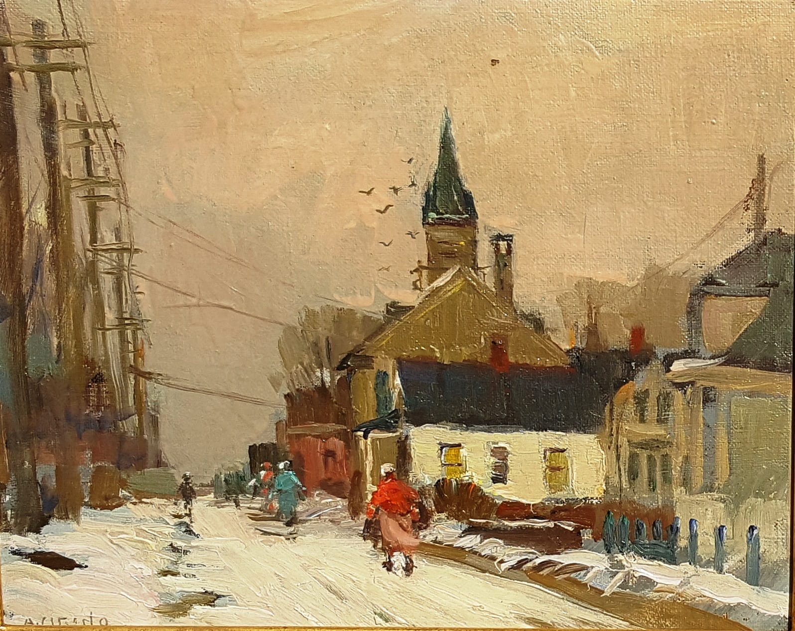 Antonio Cirino. New England Street in Winter. A small chapel in front of a snowy street with pedestrians. A flow of birds begins flight above and behind the steeple.