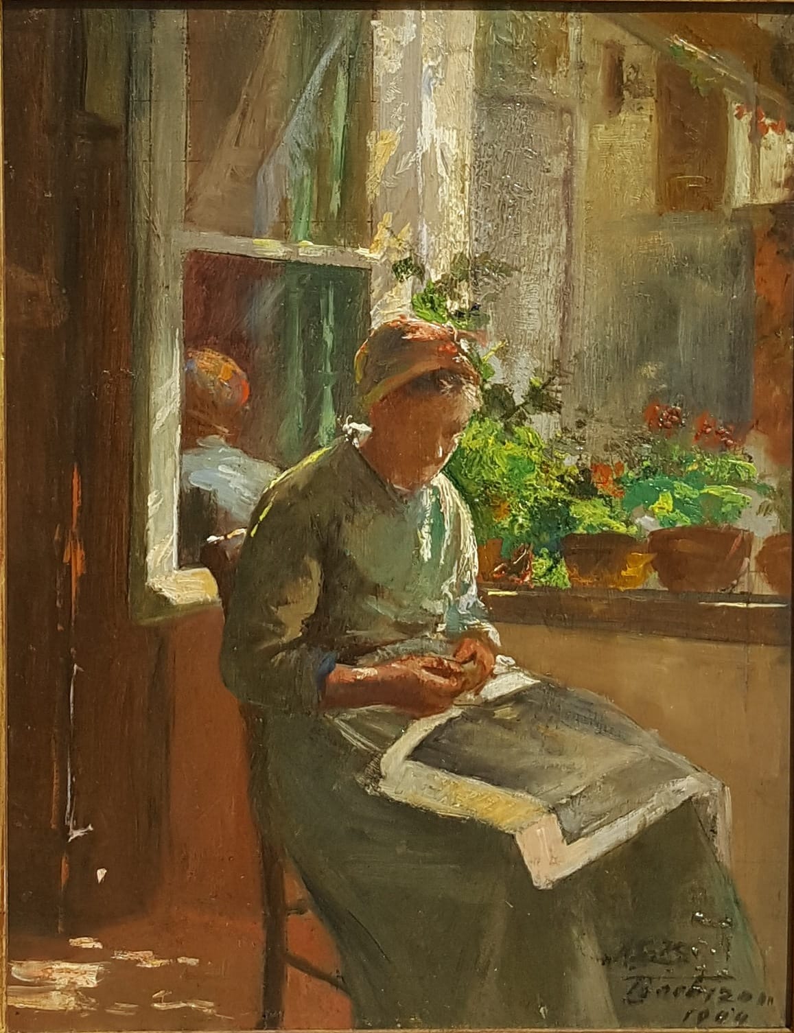 Anna Klumpke's Old Recollections. An elderly woman sits in thought while sewing beside a wide, open widow. Small, red potted flowers sit on the sill.