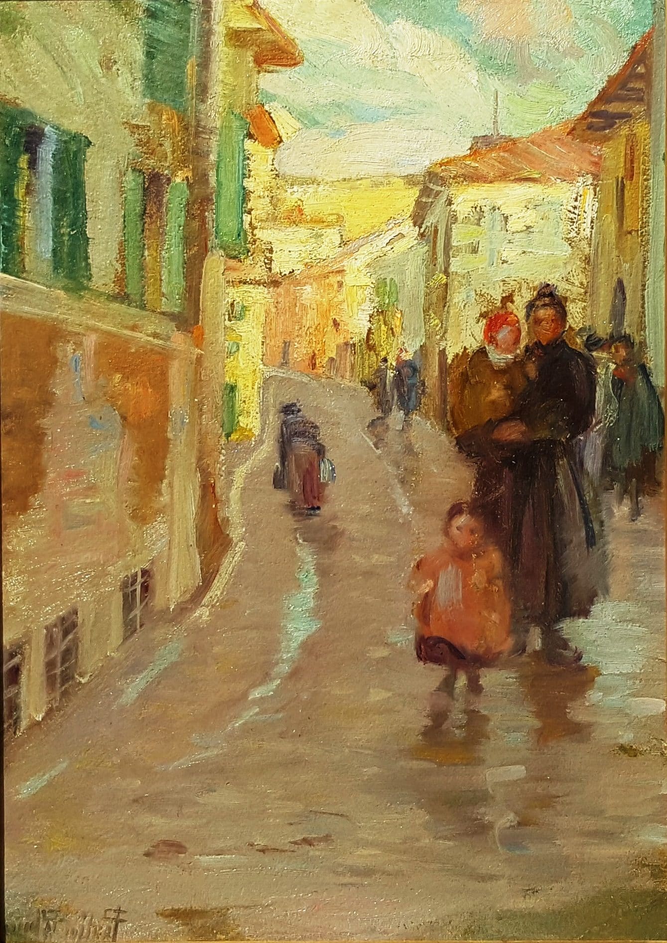 Palmer's After the Rain. A street scene with a woman carrying her child, and leading another, down a road made glossy by rain. Yellow buildings with green shutters line the street.