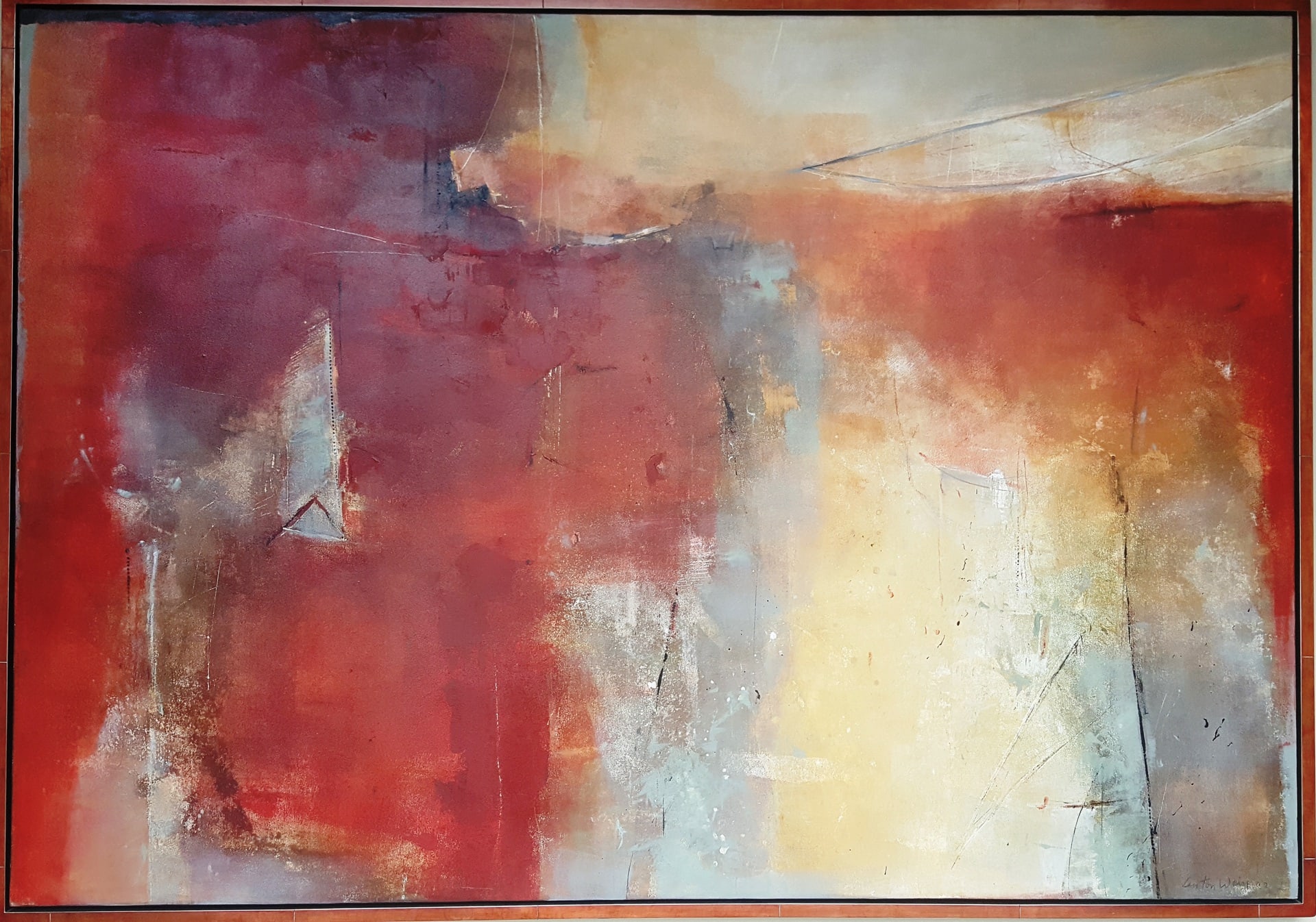 Anton Weiss. Abstract. A painting without subjects, other than pure color, shape, and texture Rust red, grey and off-white predominate, with the rust red characterizing the painting more than the rest.