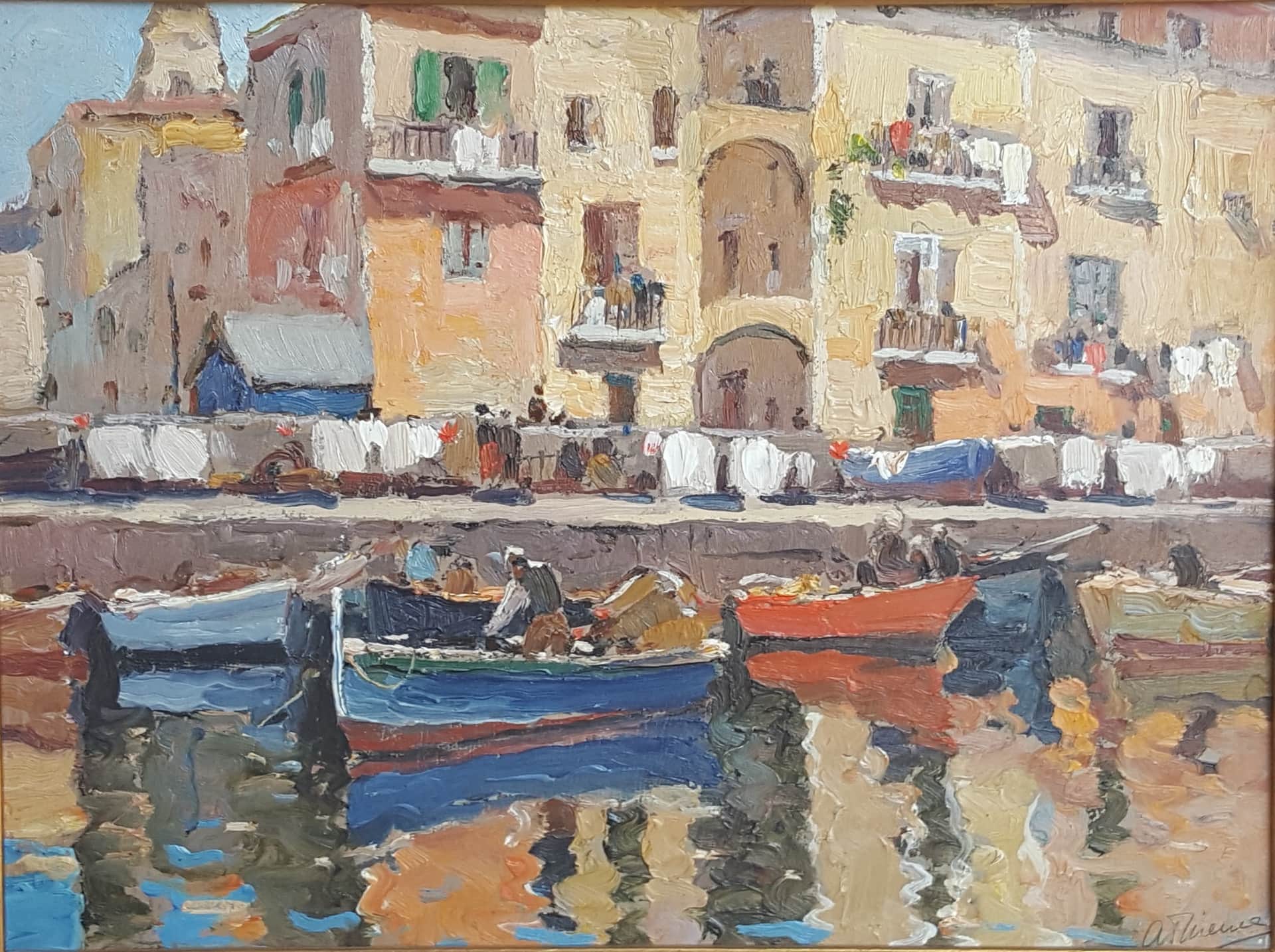 Anthony Thieme's Chioggia Canal Scene. A Canal in Venice, with gondoliers at work. Laundry dries in the open air behind them. The light refracts accurately in the water, which is perhaps the painting's greatest appeal