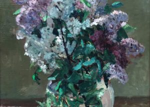 Zivko Zic's Still life with Lilacs. Painted against a dark green background.