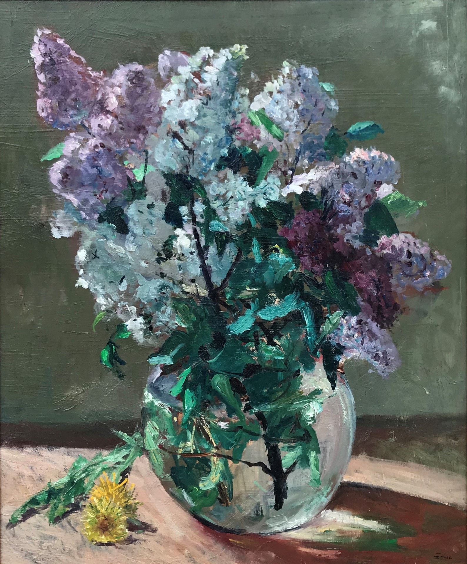 Zivko Zic's Still life with Lilacs. Painted against a dark green background.