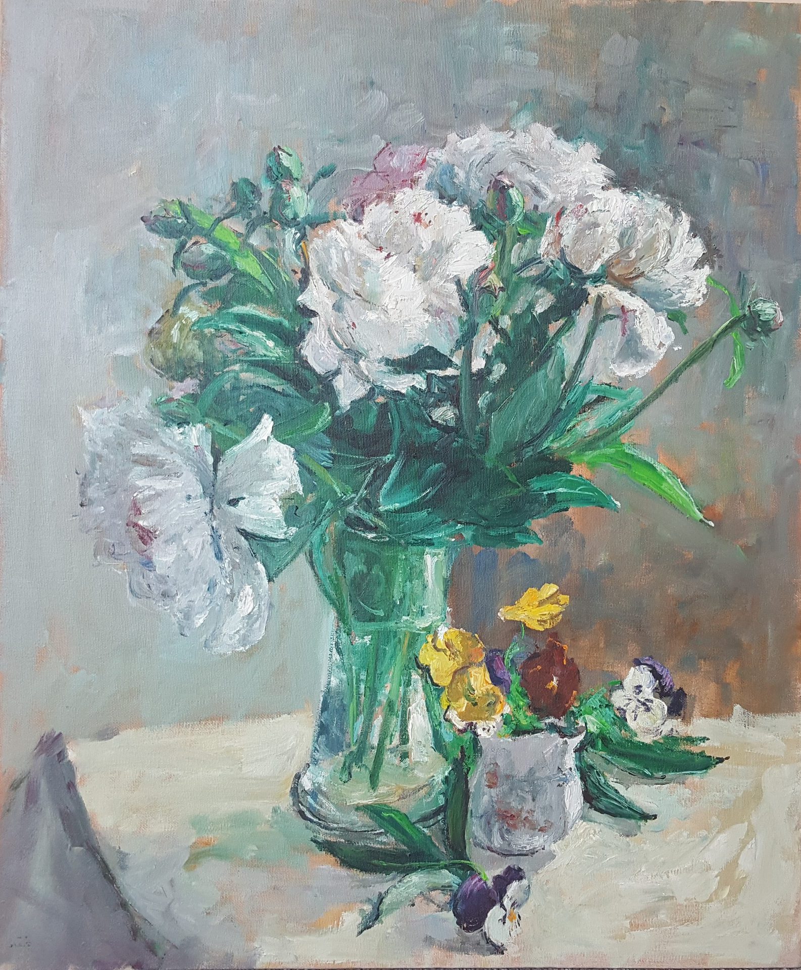 Zivko Zic. Still Life with Peonies. The peonies are arranged in a thin glass vase. In addition, a small cup of yellow flowers sits beside. All sit in front of a light grey background.