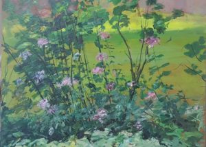 Zivko Zic. The Garden's Edge. An impressionist depiction of a wispy bush. bearing white flowers.
