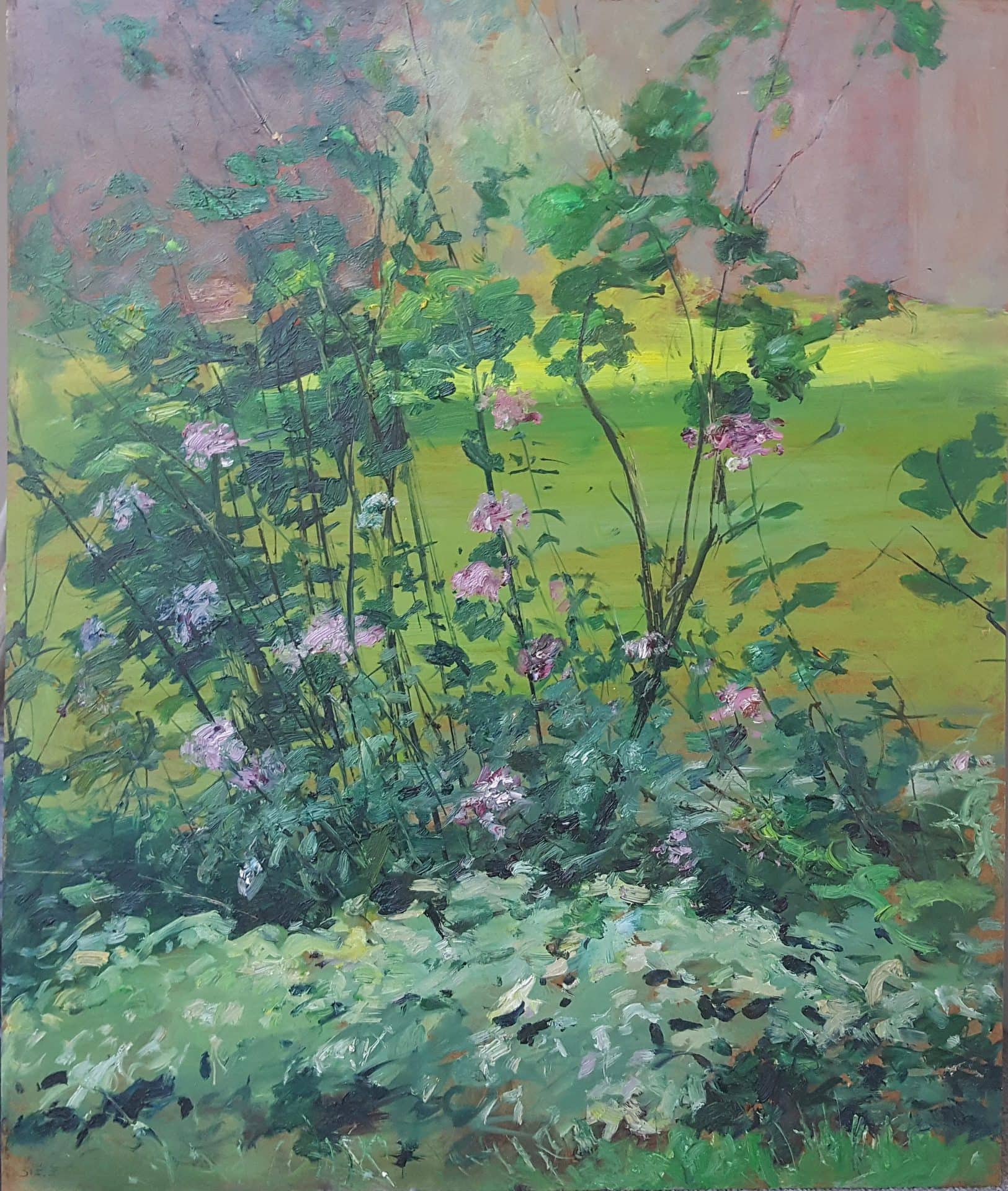 Zivko Zic. The Garden's Edge. An impressionist depiction of a wispy bush. bearing white flowers.