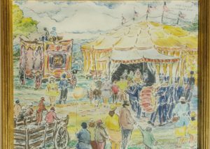Beal. The Sells Floto Circus. Crowds gather to enter the big top - drawn in yellow. A blue uniformed marching band parades in front, and a heavily decorated wagon sits beside.