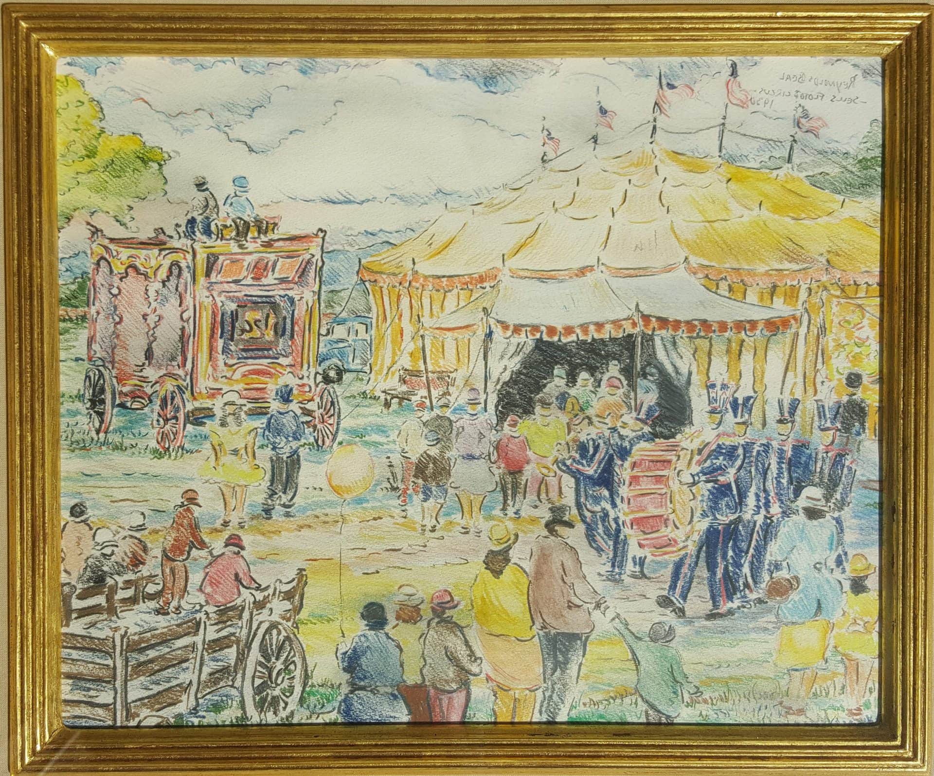 Beal. The Sells Floto Circus. Crowds gather to enter the big top - drawn in yellow. A blue uniformed marching band parades in front, and a heavily decorated wagon sits beside.