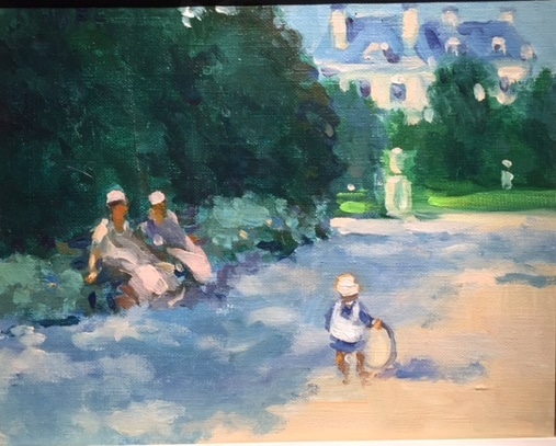 McDuff's Luxembourg Garden, Paris. Two women on a bench in the garden watch a child at play.