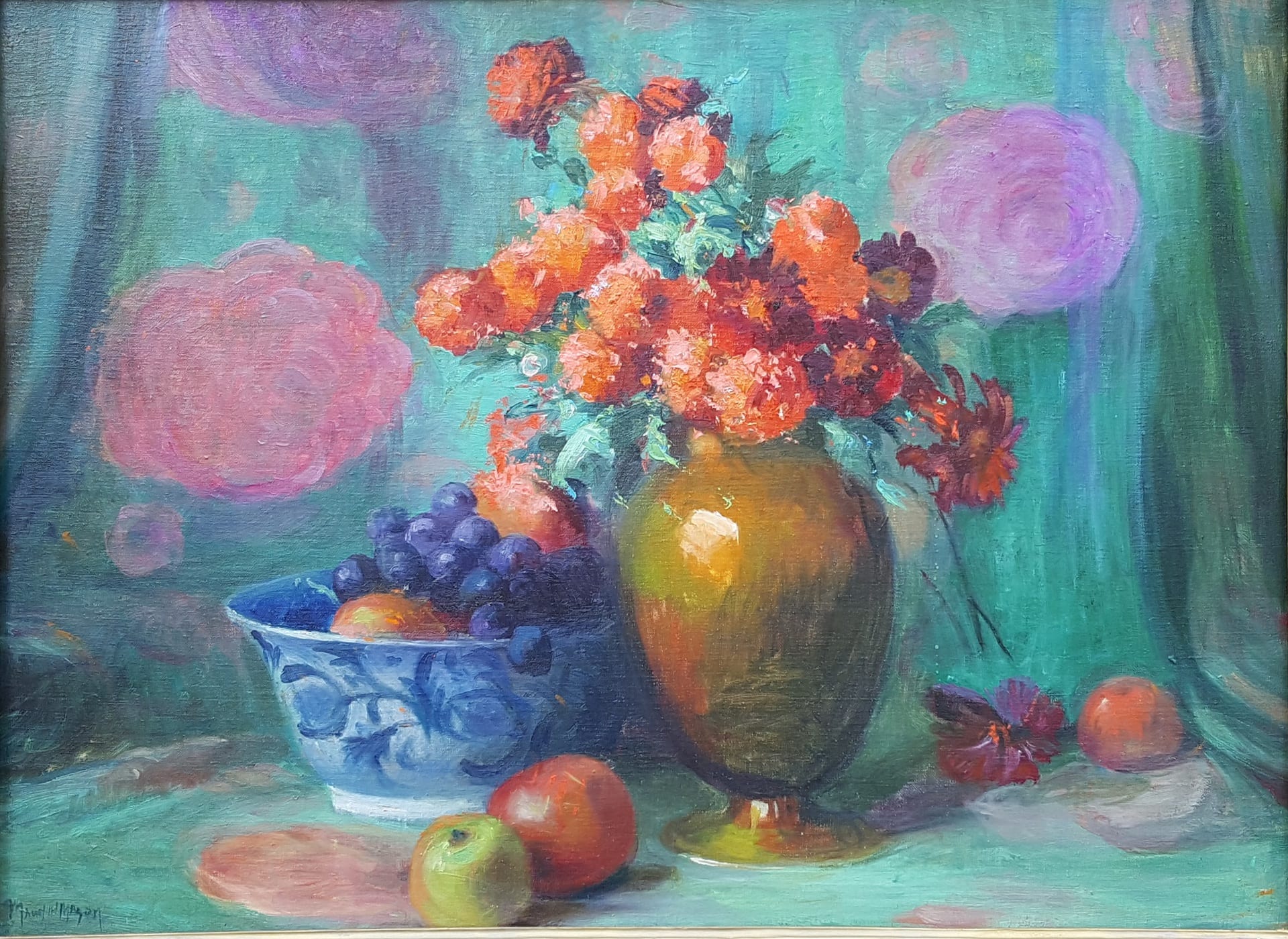 Mason's Floral Still Life with Copper Vase. Red Flowers, copper vase, blue bowl containing blueberries and apples.
