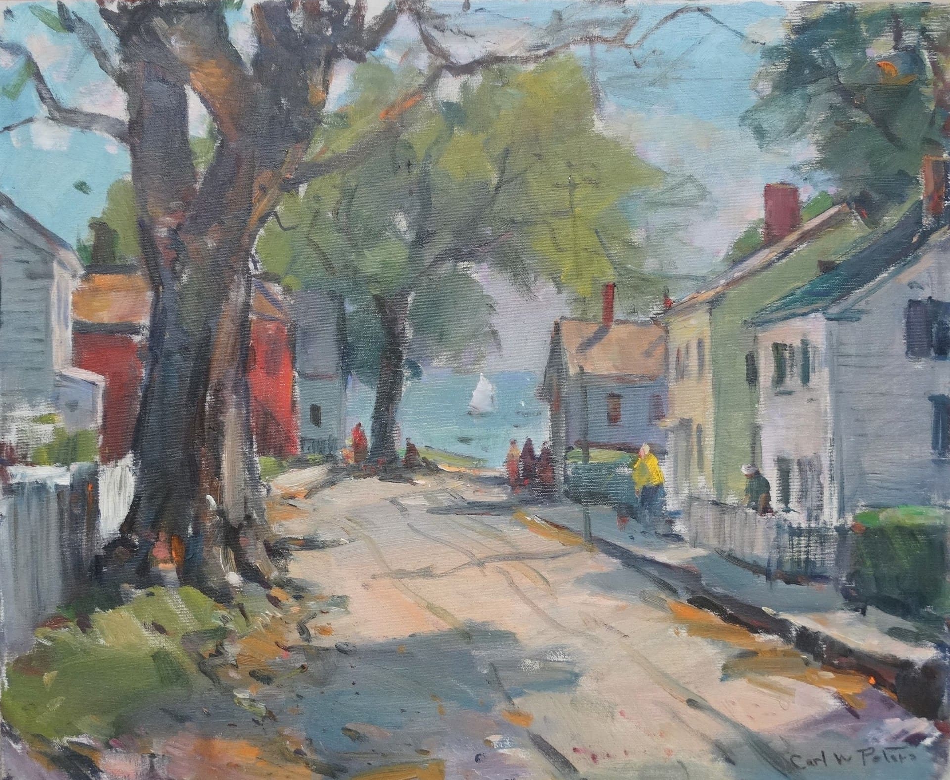 Carl Peters. Rockport Street Scene. A view looking down the road to Rockport Harbor, with a small boat at sea. Several pedestrians are also near the shore.