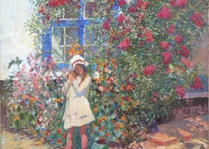 Wiethase. Summer Flowers. A young girl in a white dress and hat stands in front of a zenia bush.