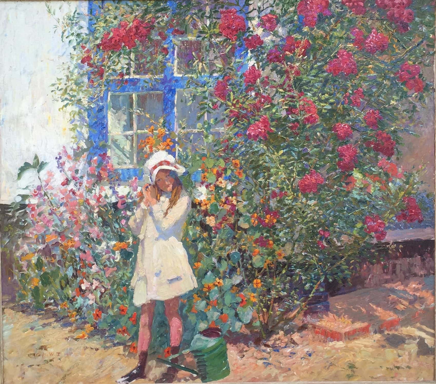 Wiethase. Summer Flowers. A young girl in a white dress and hat stands in front of a zenia bush.