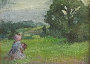 Bernstein's A Walk in the Fields. Large green field with a child walking, wearing a pink bonnet.