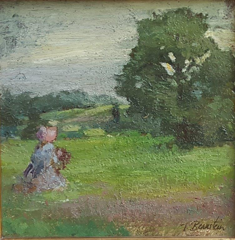 Bernstein's A Walk in the Fields. Large green field with a child walking, wearing a pink bonnet.