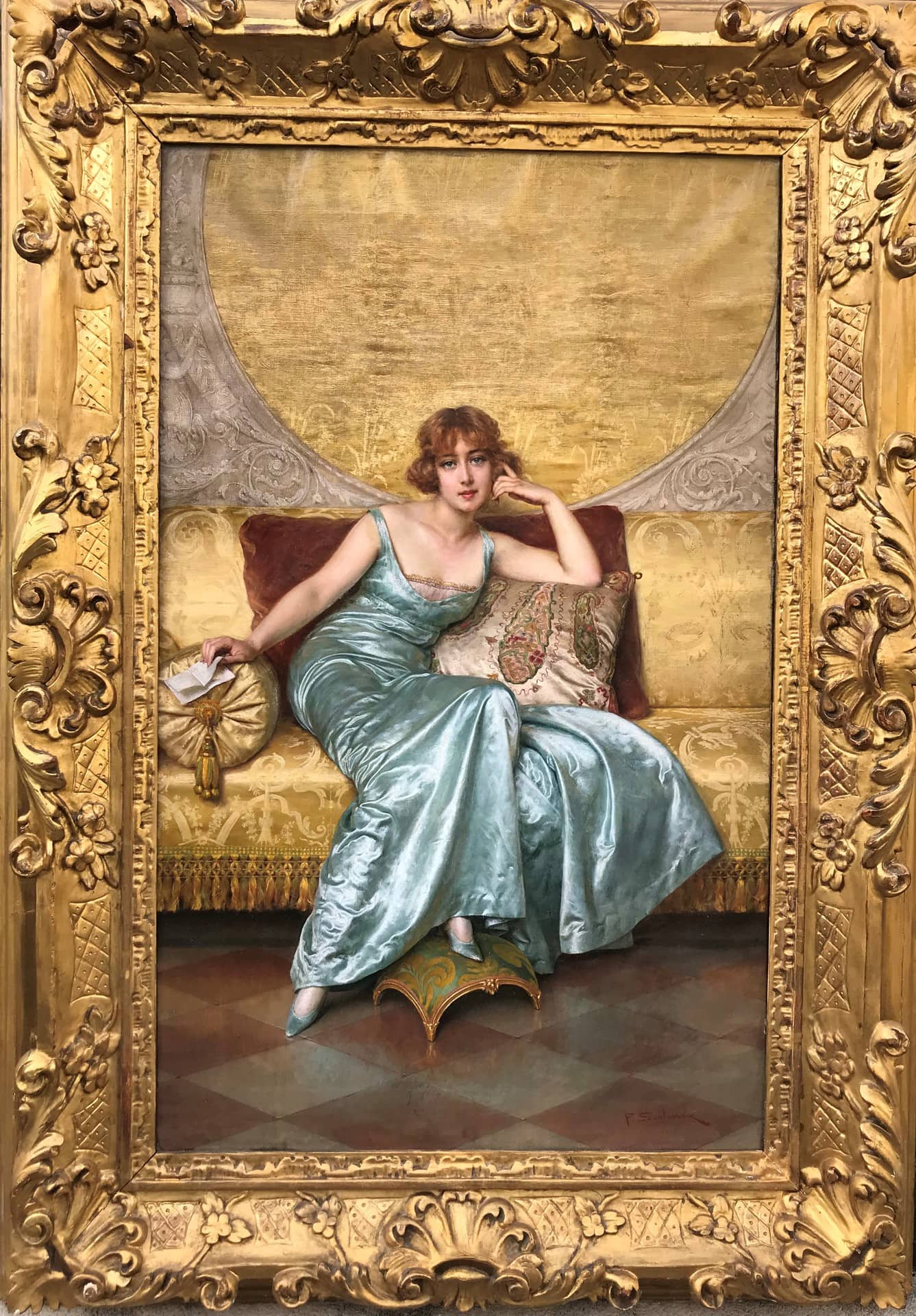 Soulacroix's Portrait of an Elegant Woman, wearing a shimmering light blue dress. She sits on a golden sofa, against a silver and gold wall. Her gaze is somewhat unconcerned, tranquil but distant.