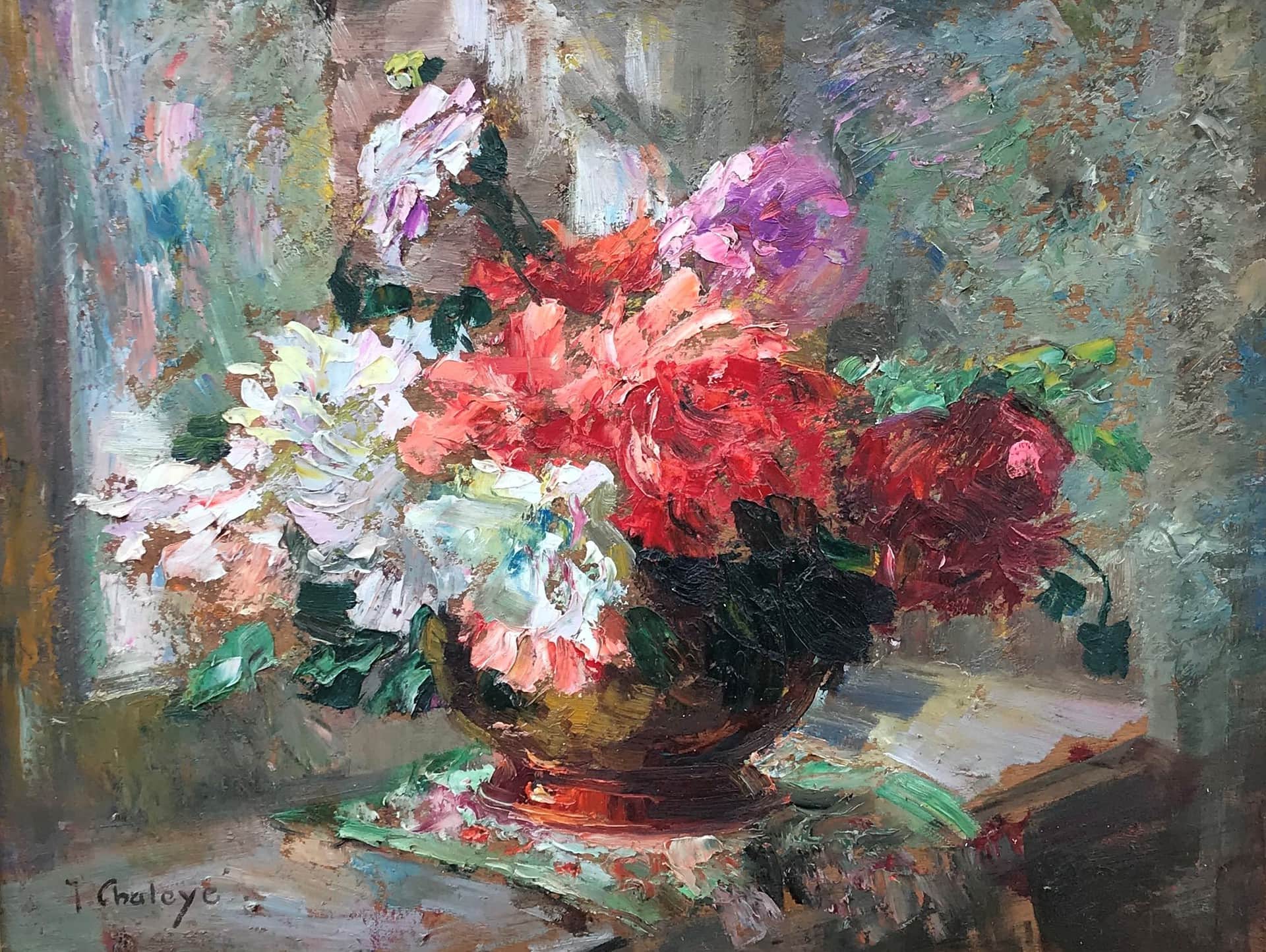 Jean Chaleye's Still life of Flowers. A bouquet of white, red, and purple flowers done in strong though indistinct brushwork.