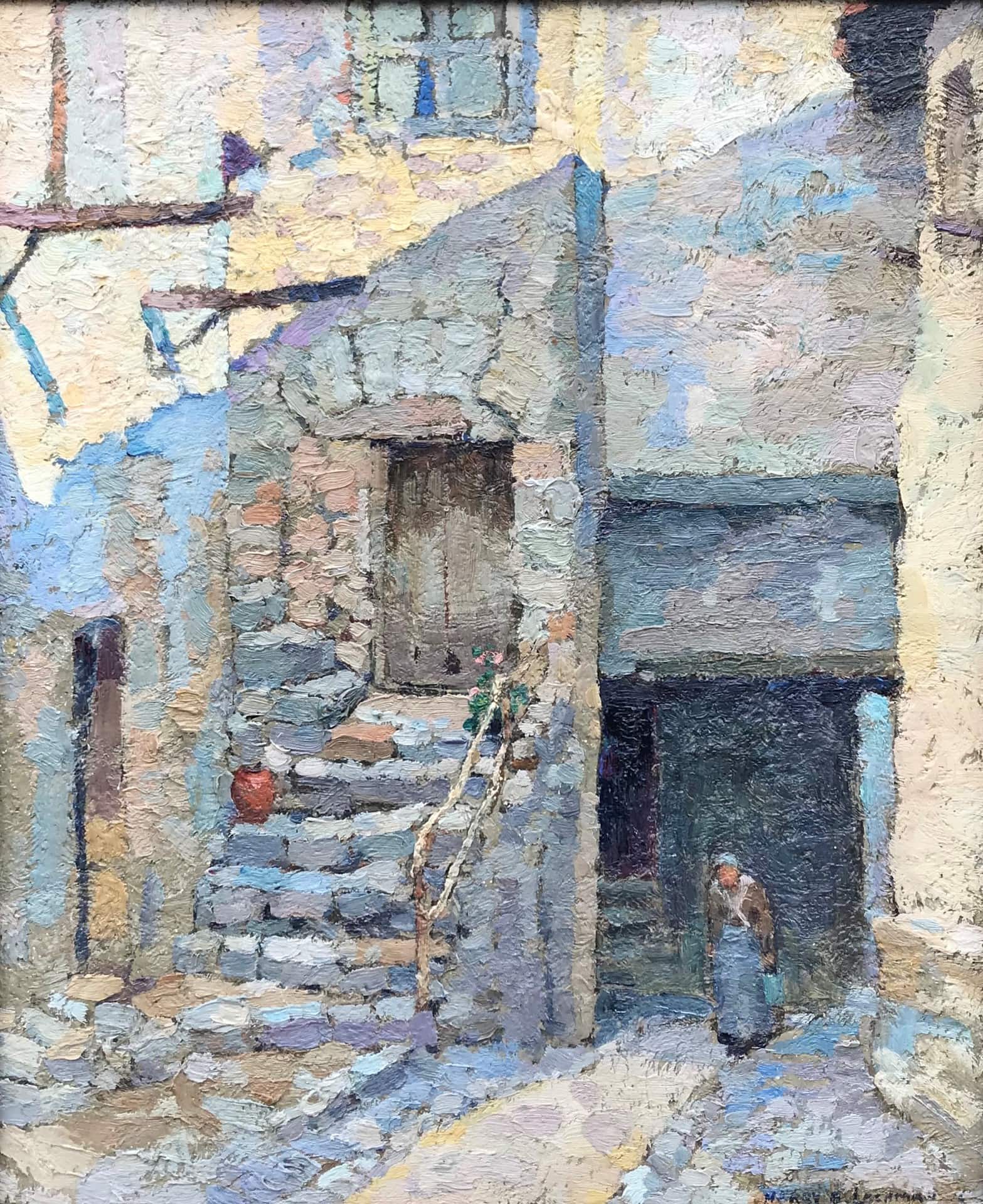 Lachman's Sunlight and Shadow. A European village street scene with a stooped woman walking a cobblestone road. The light - or its absence - is the real subject, with a heavy shadow cutting across the buildings.
