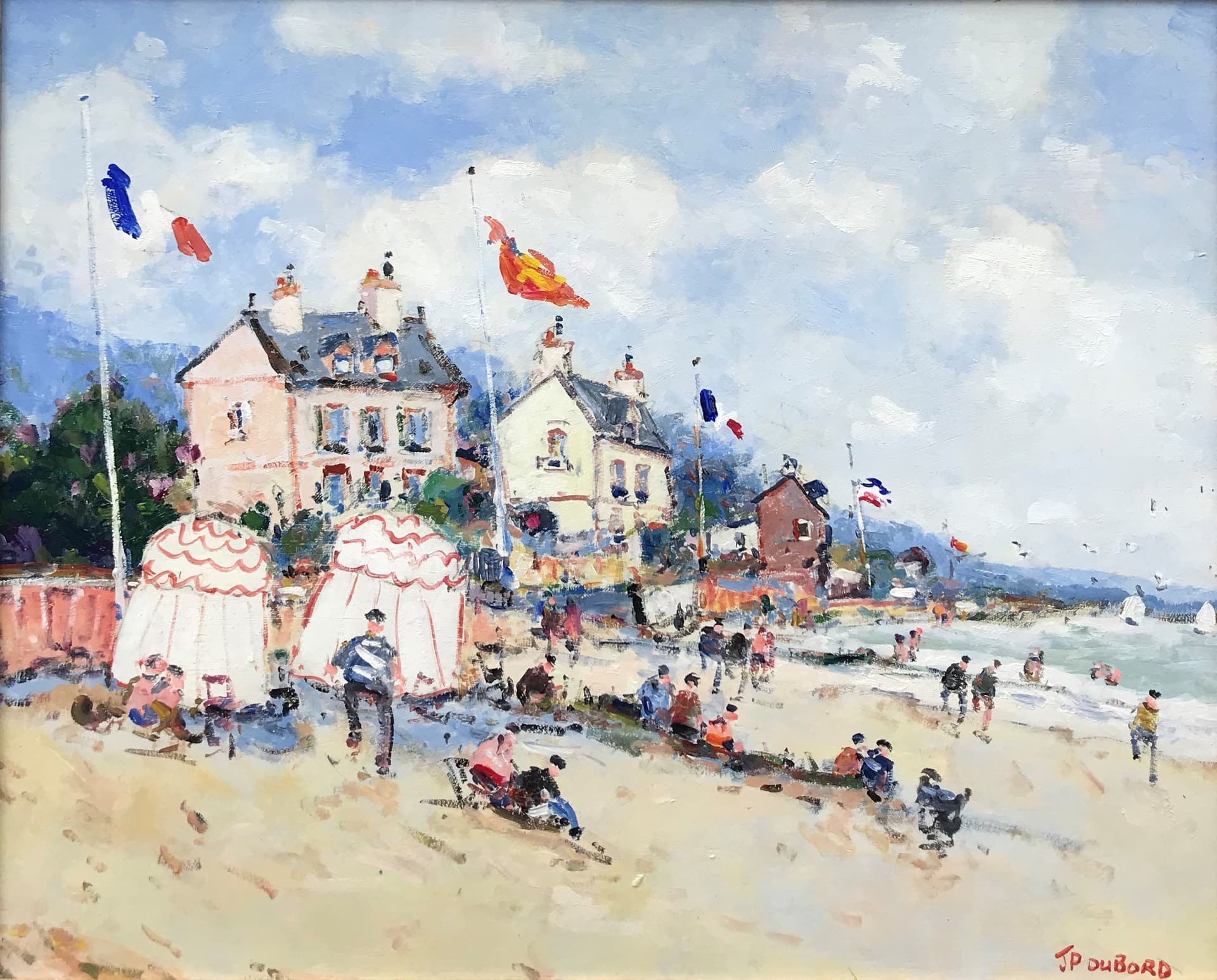 DuBord's Beaches of Normandy. A pleasant, modern beach scene - crowded with visitors, small shops, and flags. The foremost being the flag of France.