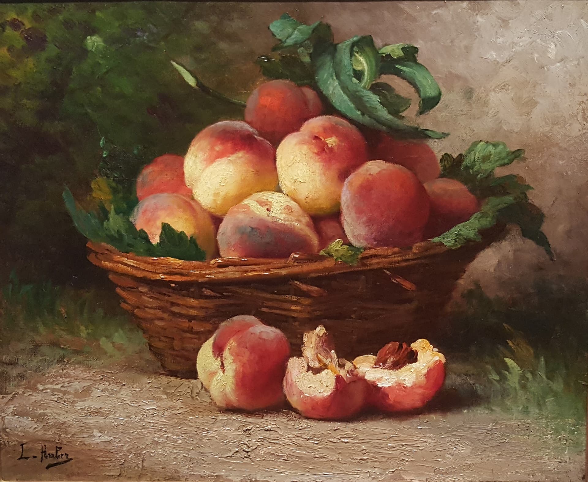 Leon Huber's Still Life of Peaches. A woven basket full of peaches and vegetation, on the earth. One peach, outside the basket, is split, showing the peach pit.