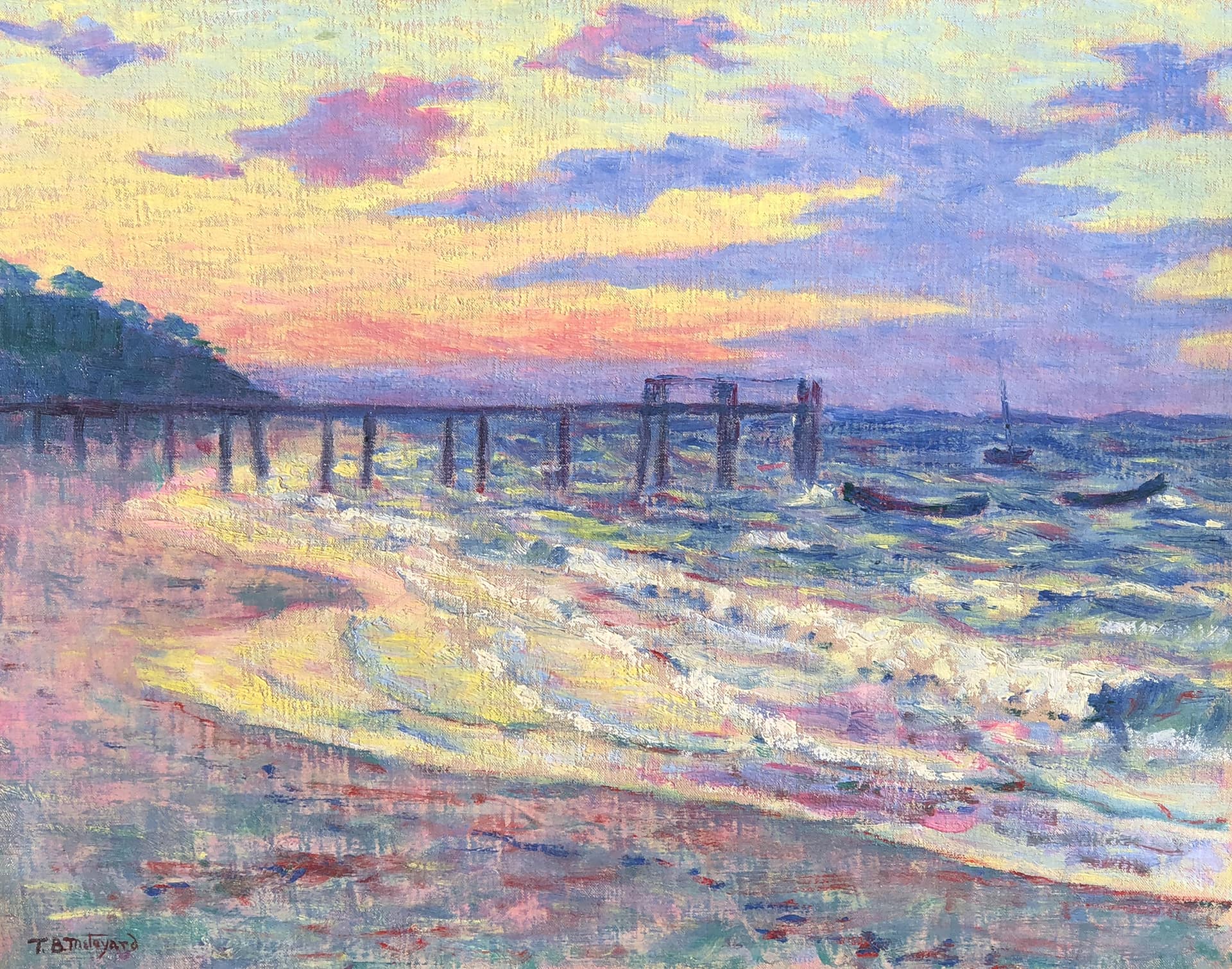 Meteyard's Pier at Sunset. Impressionist colors and brushwork. Twilight purple clouds atop golden skies, dark pier, and violet sands.