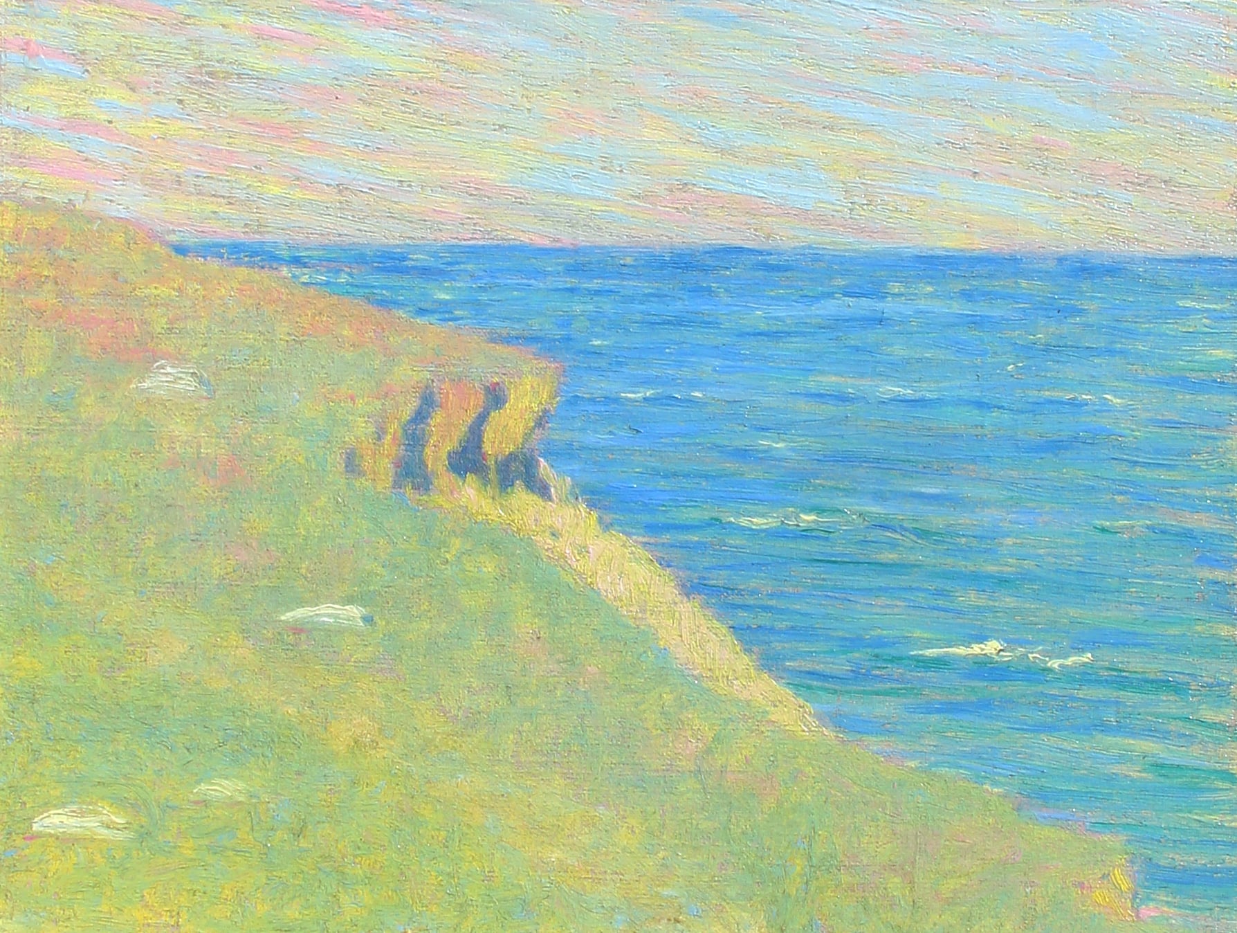 Meteyard's Second Cliff. Bright sunny day. Simple subject - a grassy hill beneath which the sea unfolds
