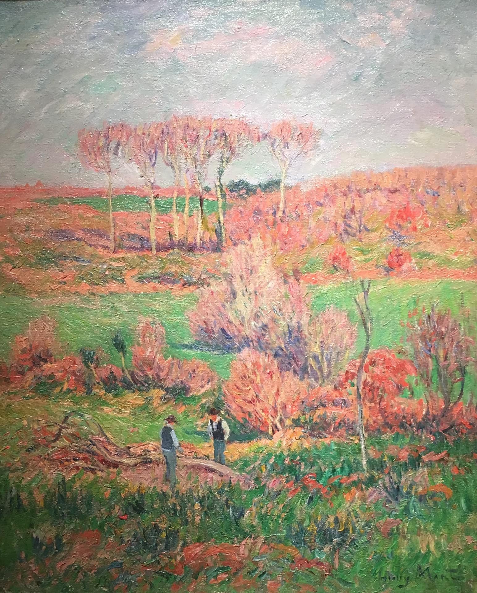 Henry Moret's forgerons pres de Doelan. Impressionist brushwork. Fantastic colors - pink leaved trees and shrubbery. Two boys stand over a felled tree in the foreground.