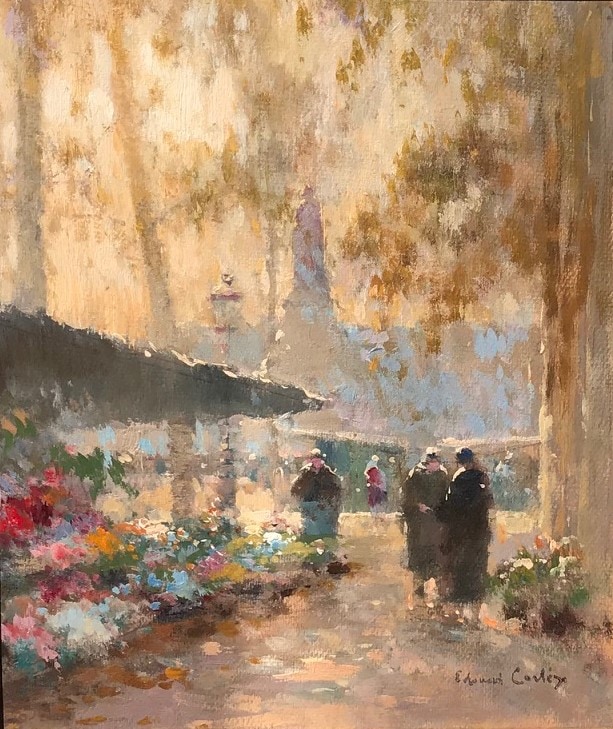 Cortes' Flower Market. Parisian scene. Flower stalls painted in earth tones, ochre skies. Impressionist style vendors and clients converse beside the stalls.