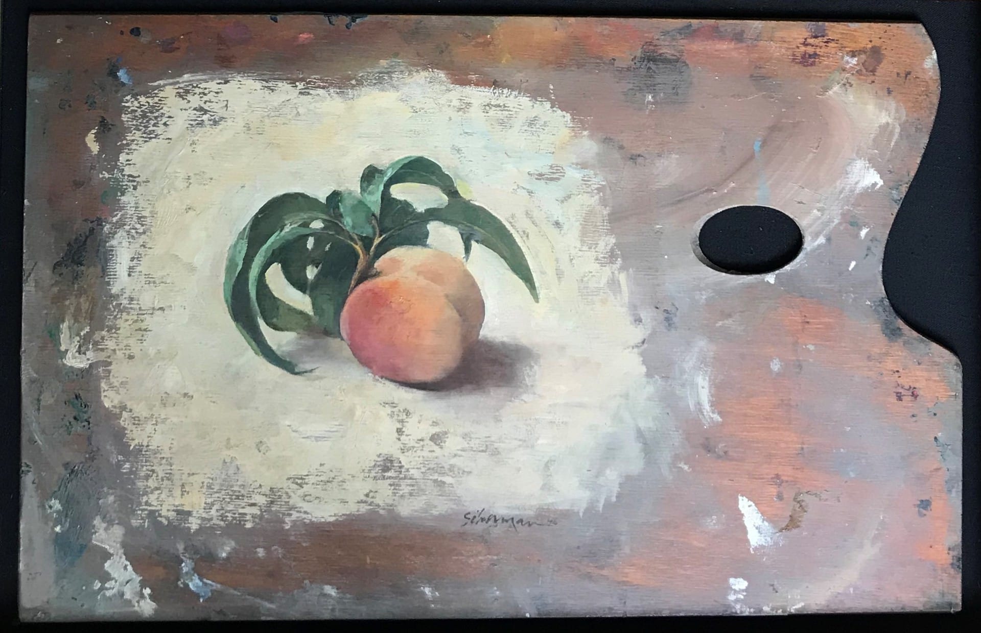 Silverman. Peach Palette. A still life of a single peach, with leaves, realistically painted on an artist's palate.