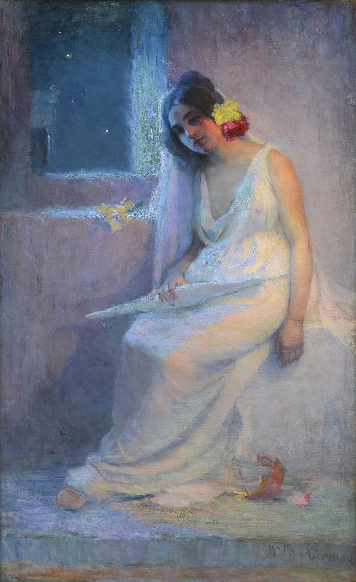 Willie Betty Newman's The Foolish Virgin. Subject taken from a parable of Jesus. The young woman in a loose fitting white dress sits next to a window, out of which the stars can be seen. She holds a distaff, but her oil lamp has fallen beside her, and sits ignored.